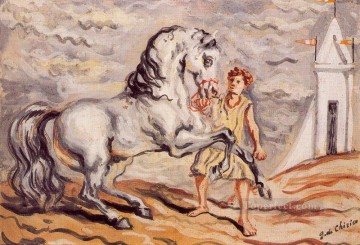  boy - de Chirico außer Kontrolle geratenen Pferd mit stableboy und Pavillon